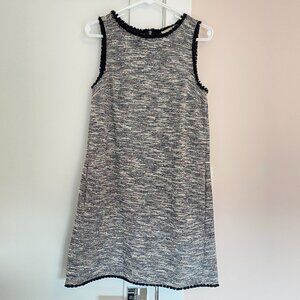 LOFT Sleeveless Dress Tweed White Black Pink Blue Side Pockets S Fringe Hem